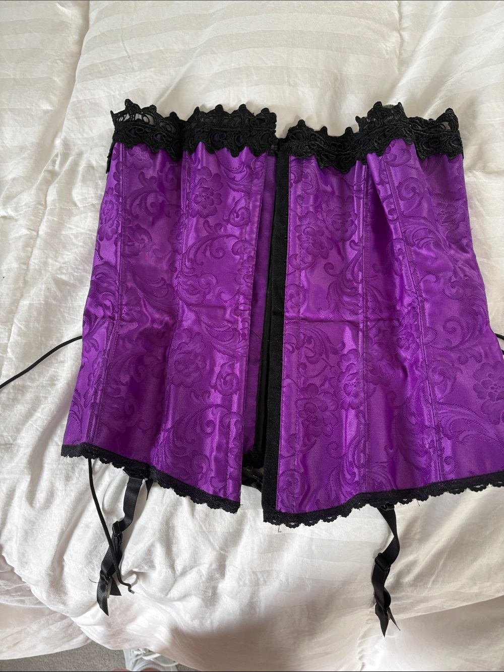 Frederick's of Hollywood Purple Satin Jacquard Corset with Black Lace Trim